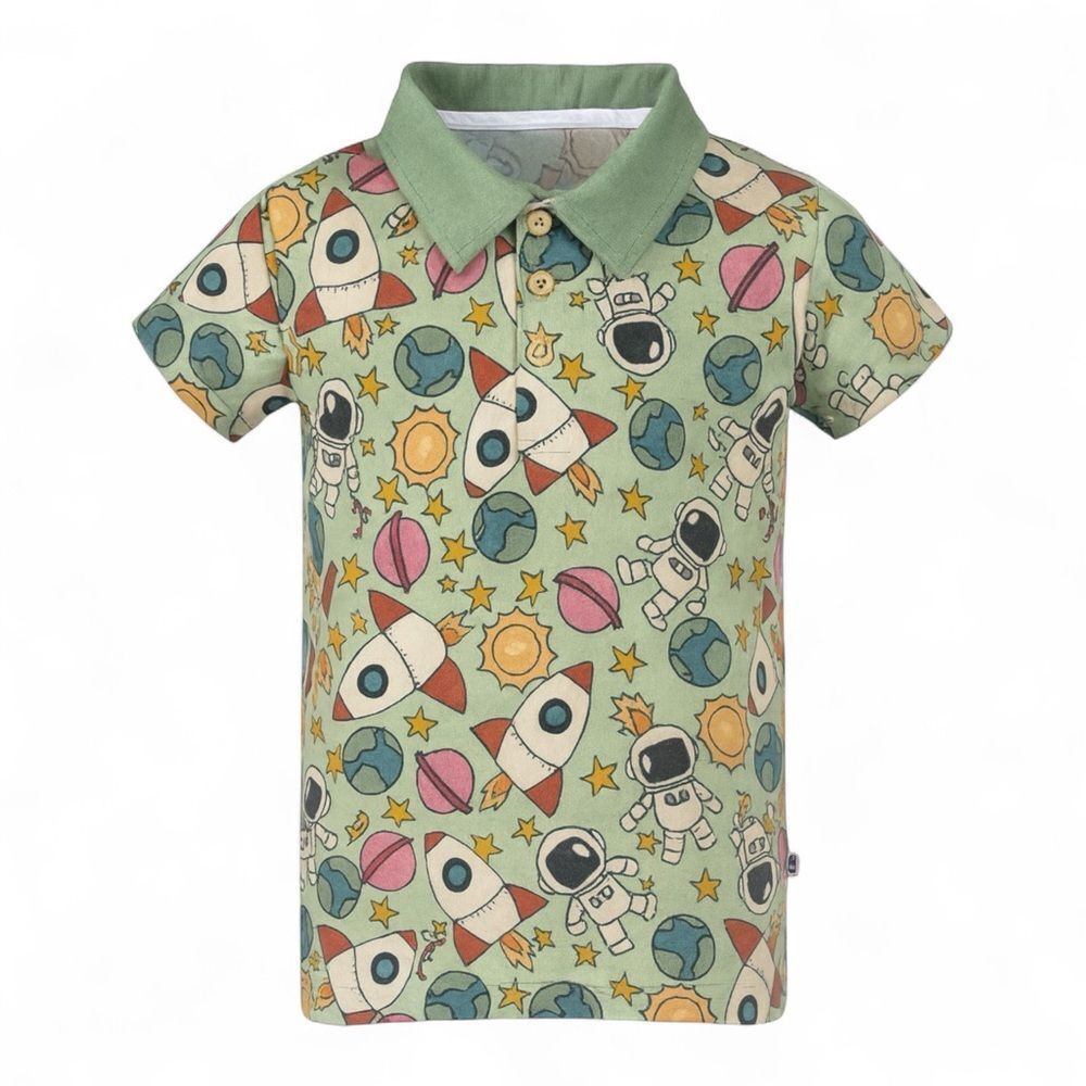 Bums & Roses Bamboo Polo Shirt Green Space Print Toddler 4T Linen Collar Rockets